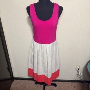 Madison Vibrant Colorblock Linen Sleeveless Midi Dress Fuchsia, White, and Coral